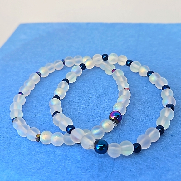 Handmade Bracelets In 6mm Frosted  Glass & Blue Hematite Beads - Picture 3 of 4